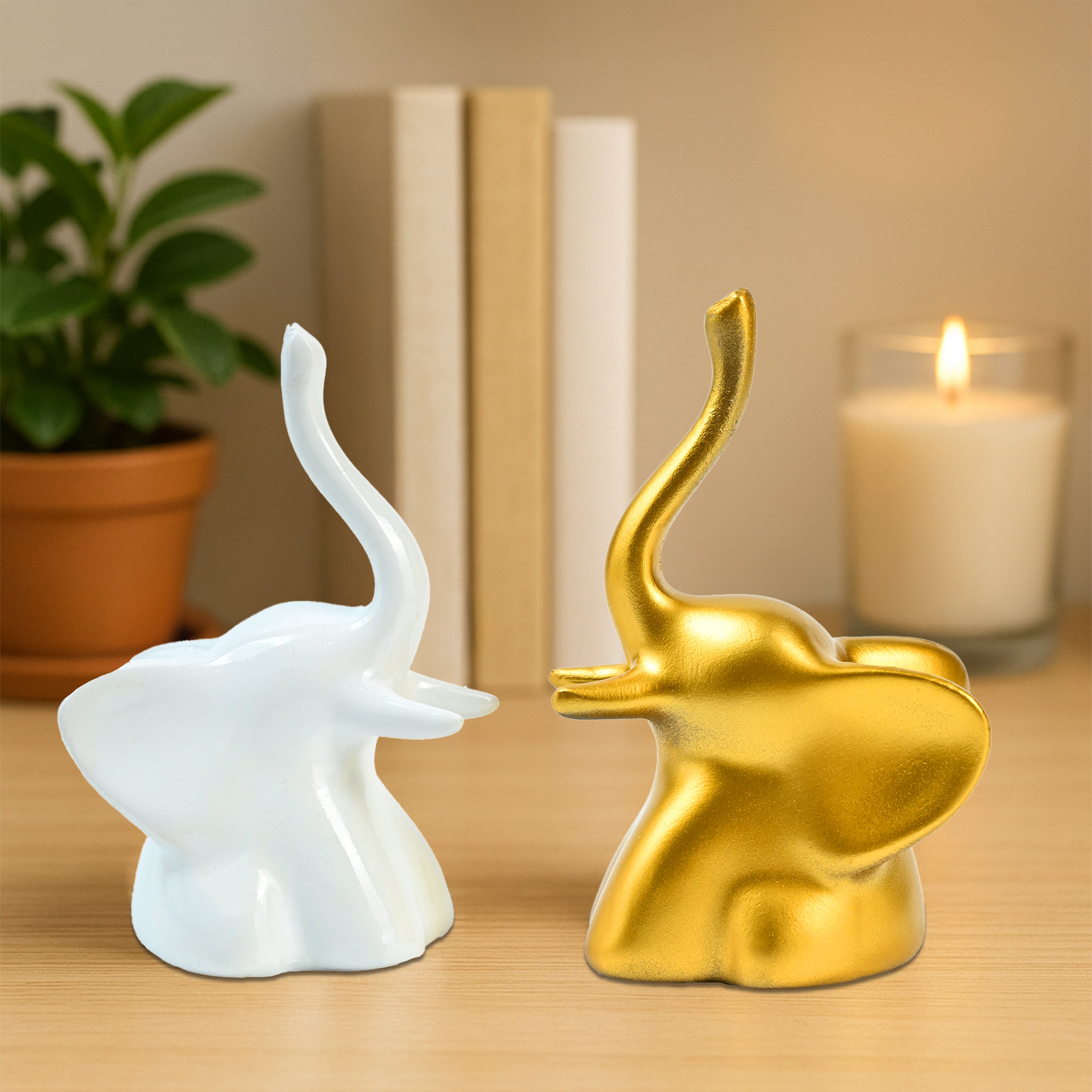 HindCraft Golden & White Elephant Showpiece Set for Home, Office & Table Décor