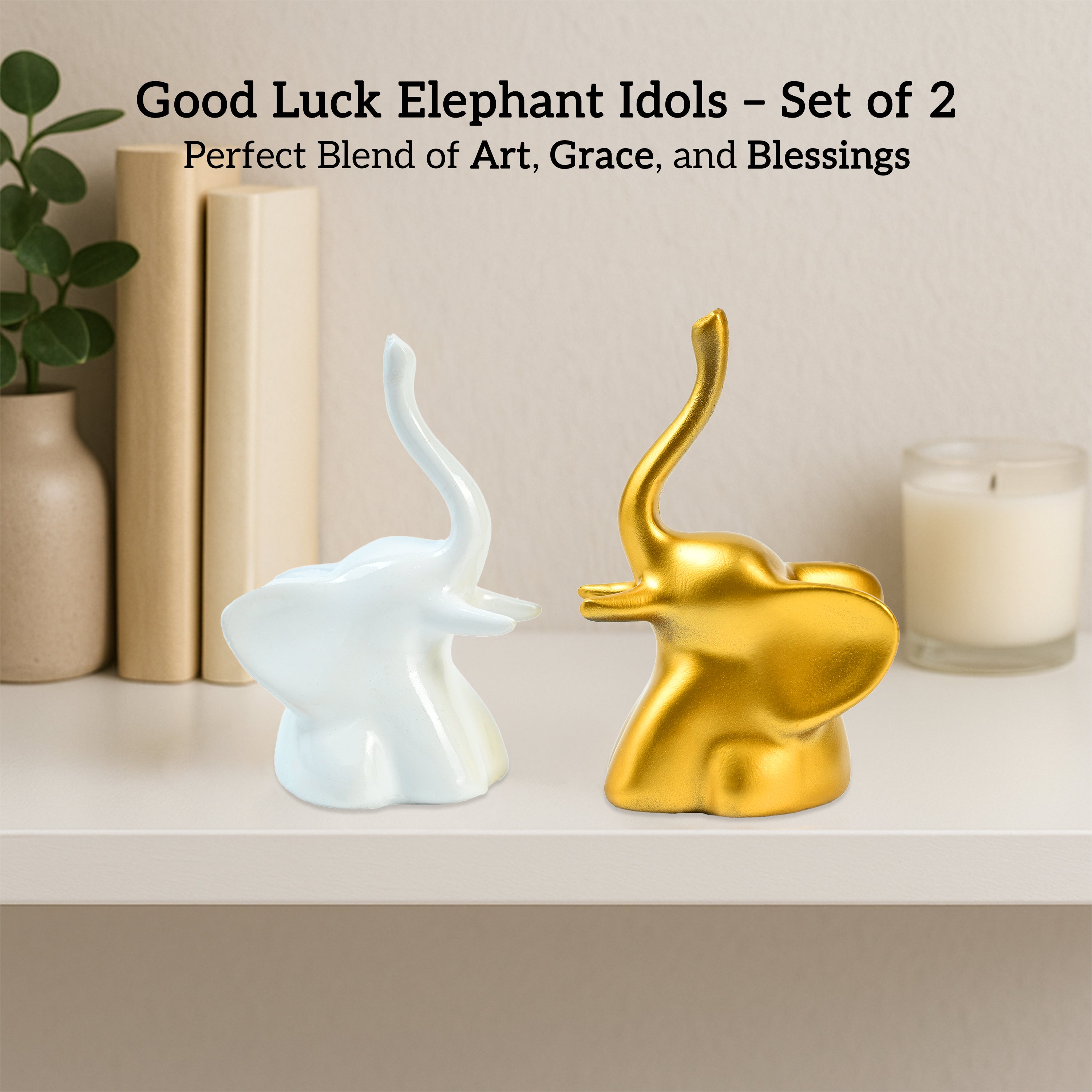 HindCraft Golden & White Elephant Showpiece Set for Home, Office & Table Décor