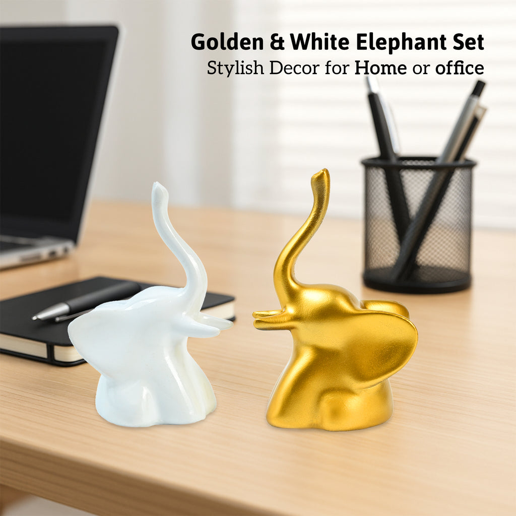 HindCraft Golden & White Elephant Showpiece Set for Home, Office & Table Décor