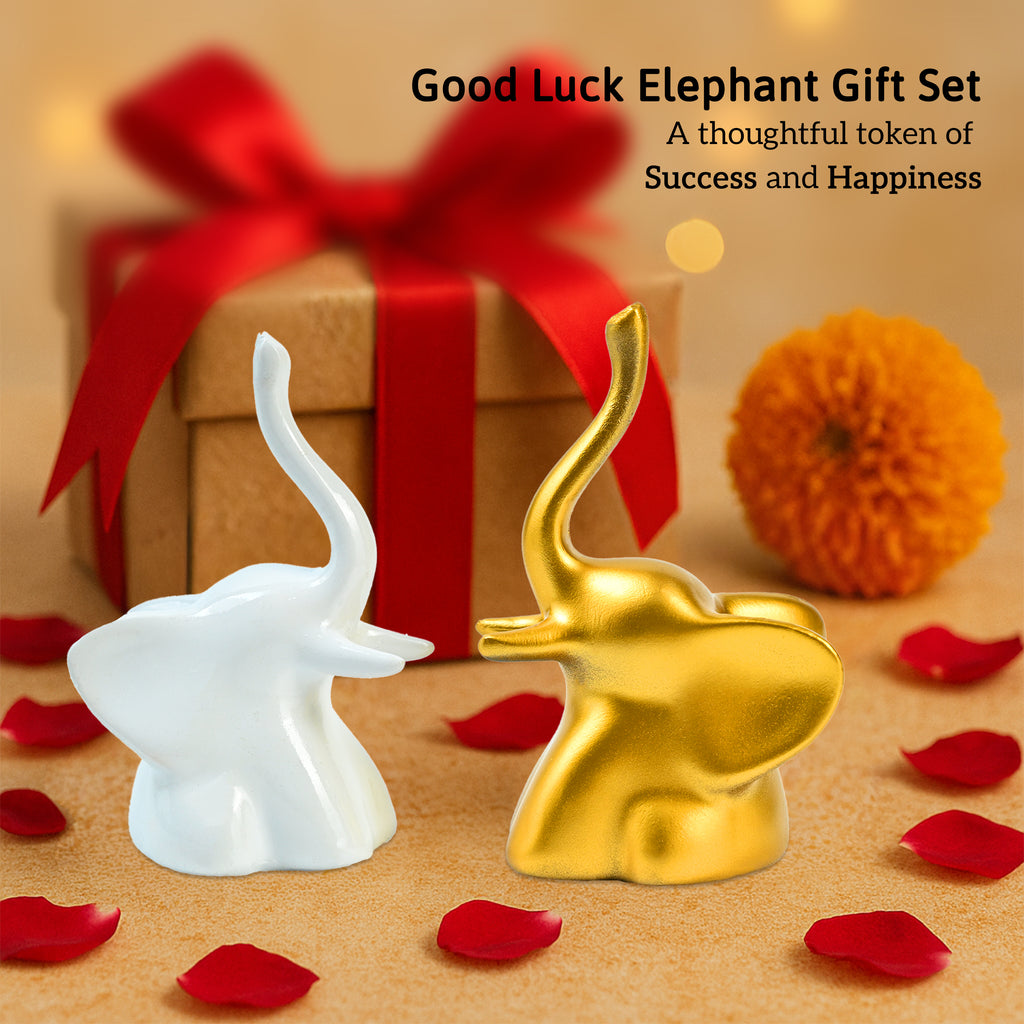 HindCraft Golden & White Elephant Showpiece Set for Home, Office & Table Décor