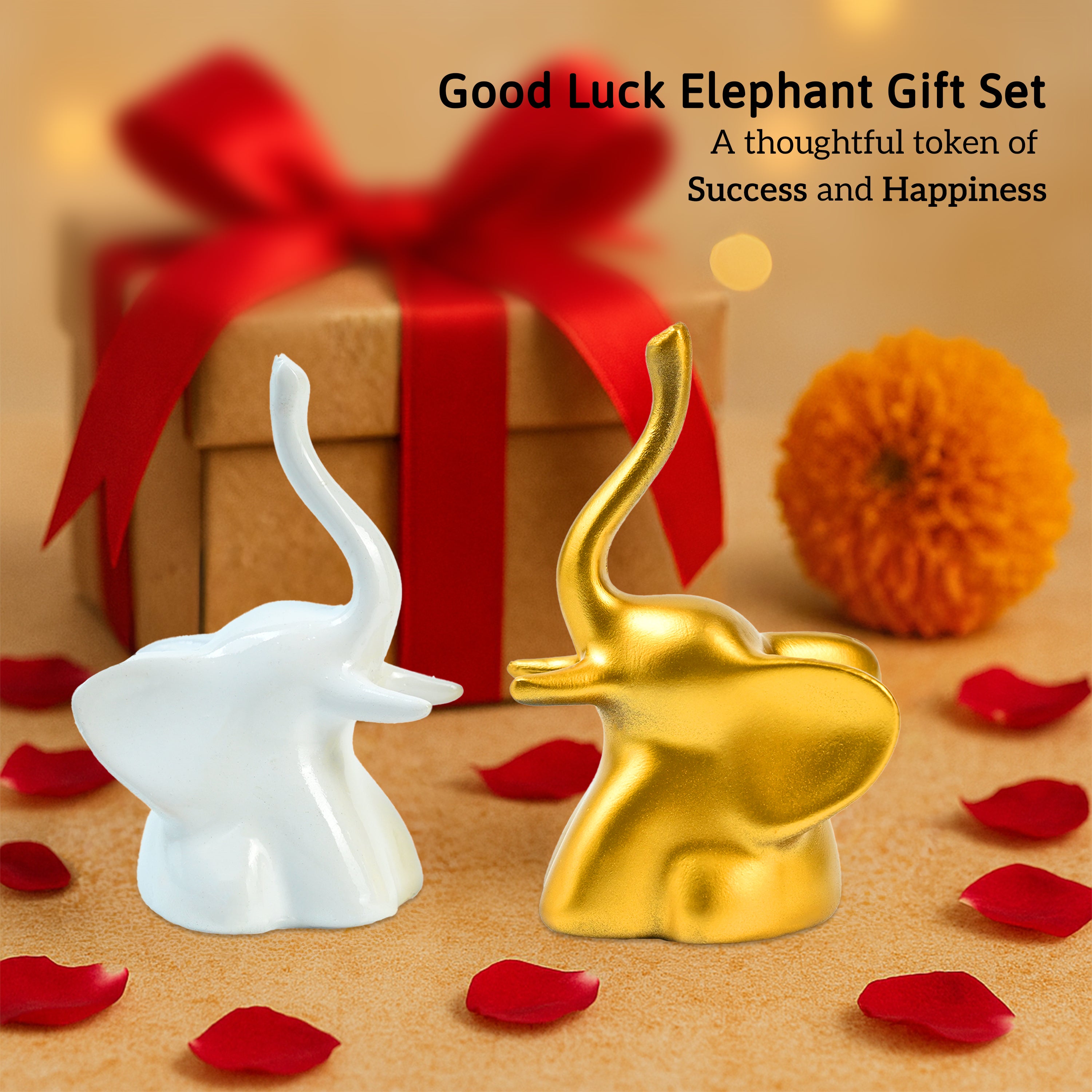 HindCraft Golden & White Elephant Showpiece Set for Home, Office & Table Décor