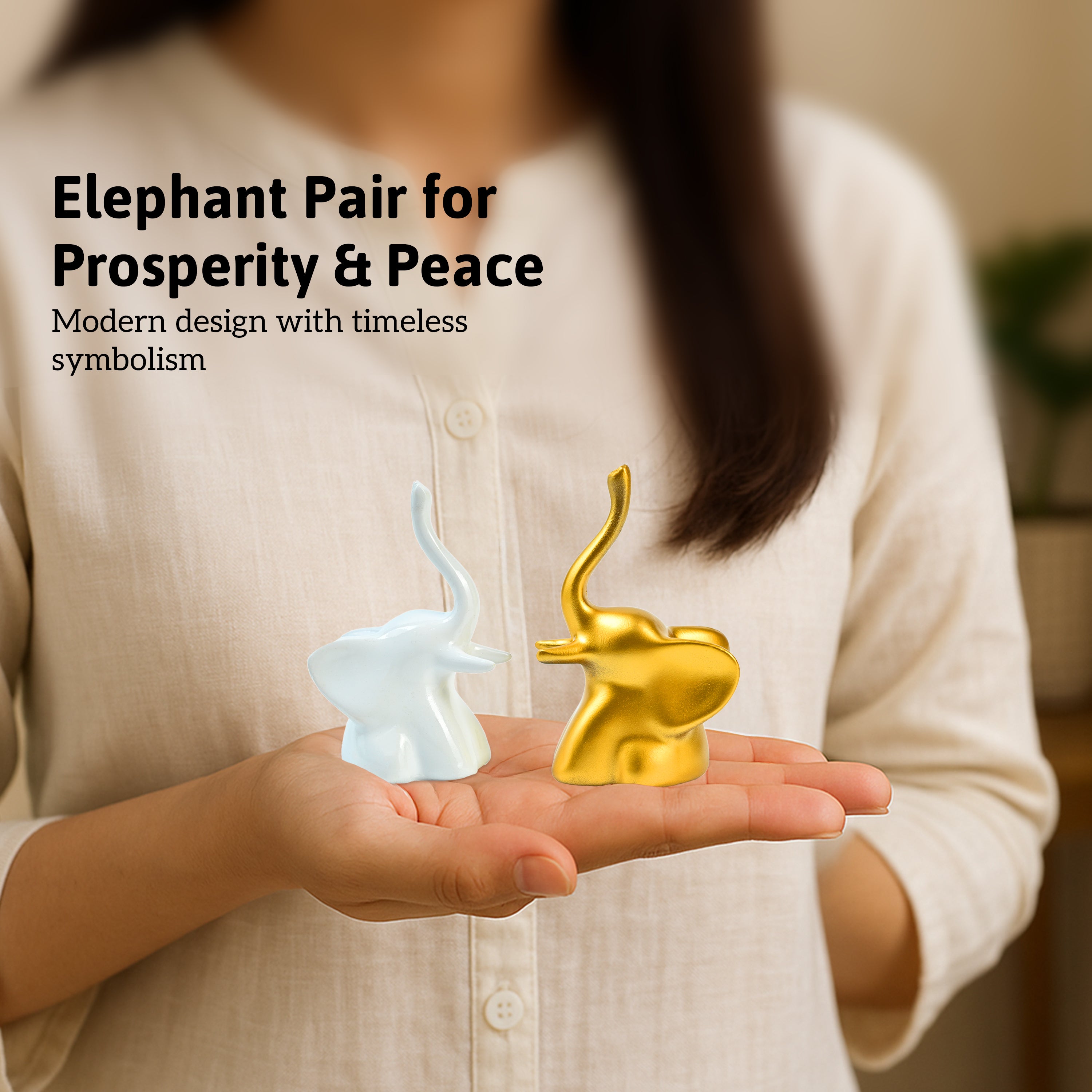 HindCraft Golden & White Elephant Showpiece Set for Home, Office & Table Décor