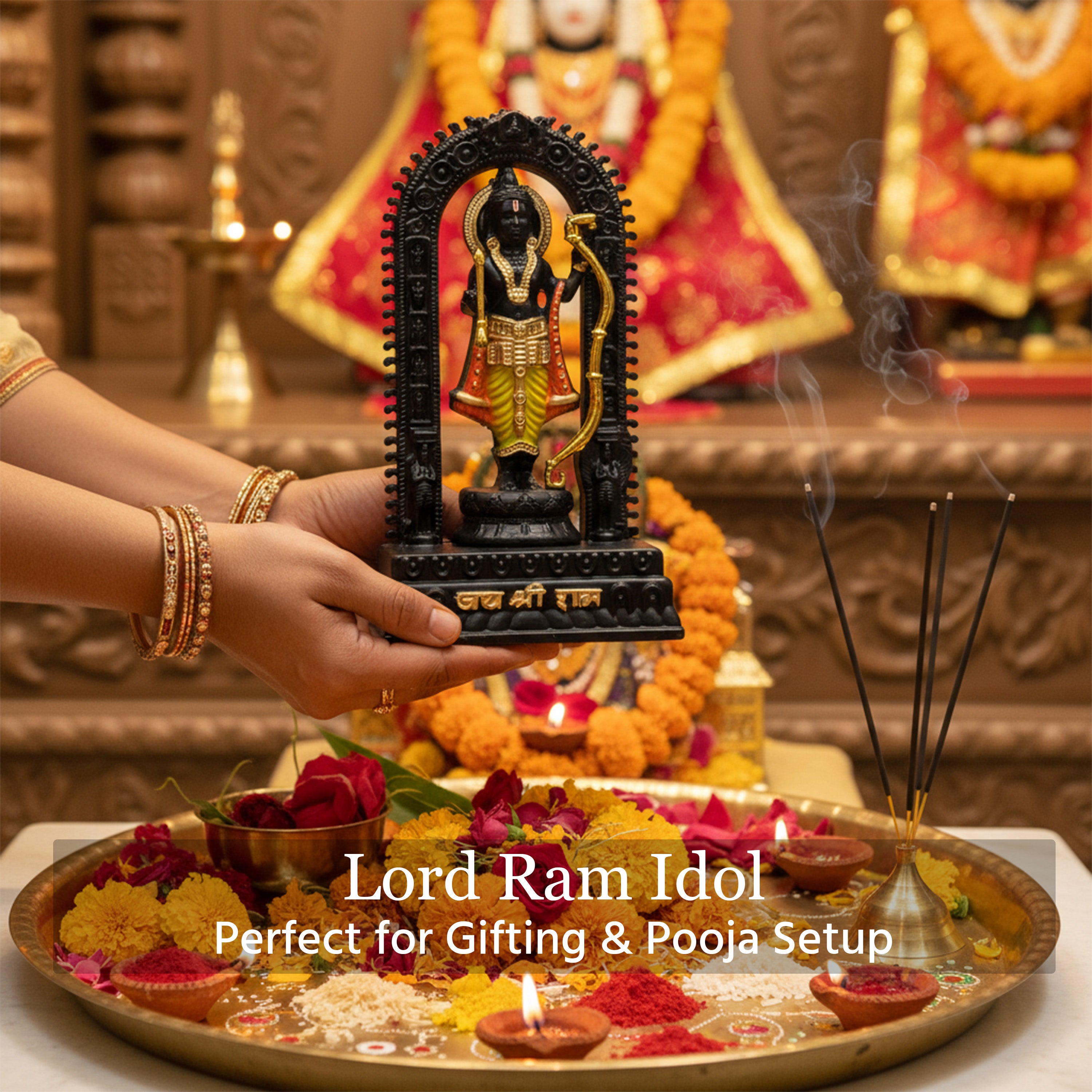 HindCraft Lord Ram Idol with Bow and Decorative Arch for Home Temple & Gifting