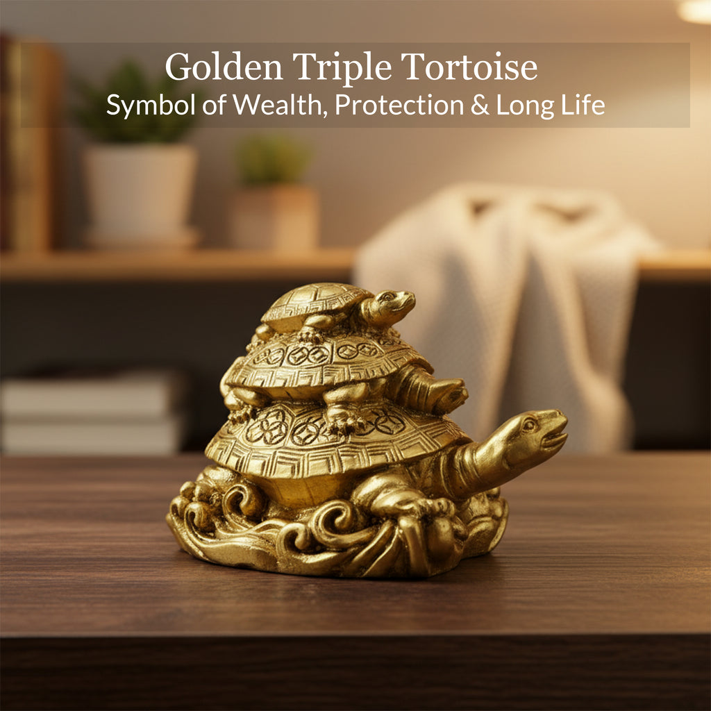 HindCraft Three Layer Golden Tortoise Family Showpiece for Home, Office Desk, Living Room & Table Décor
