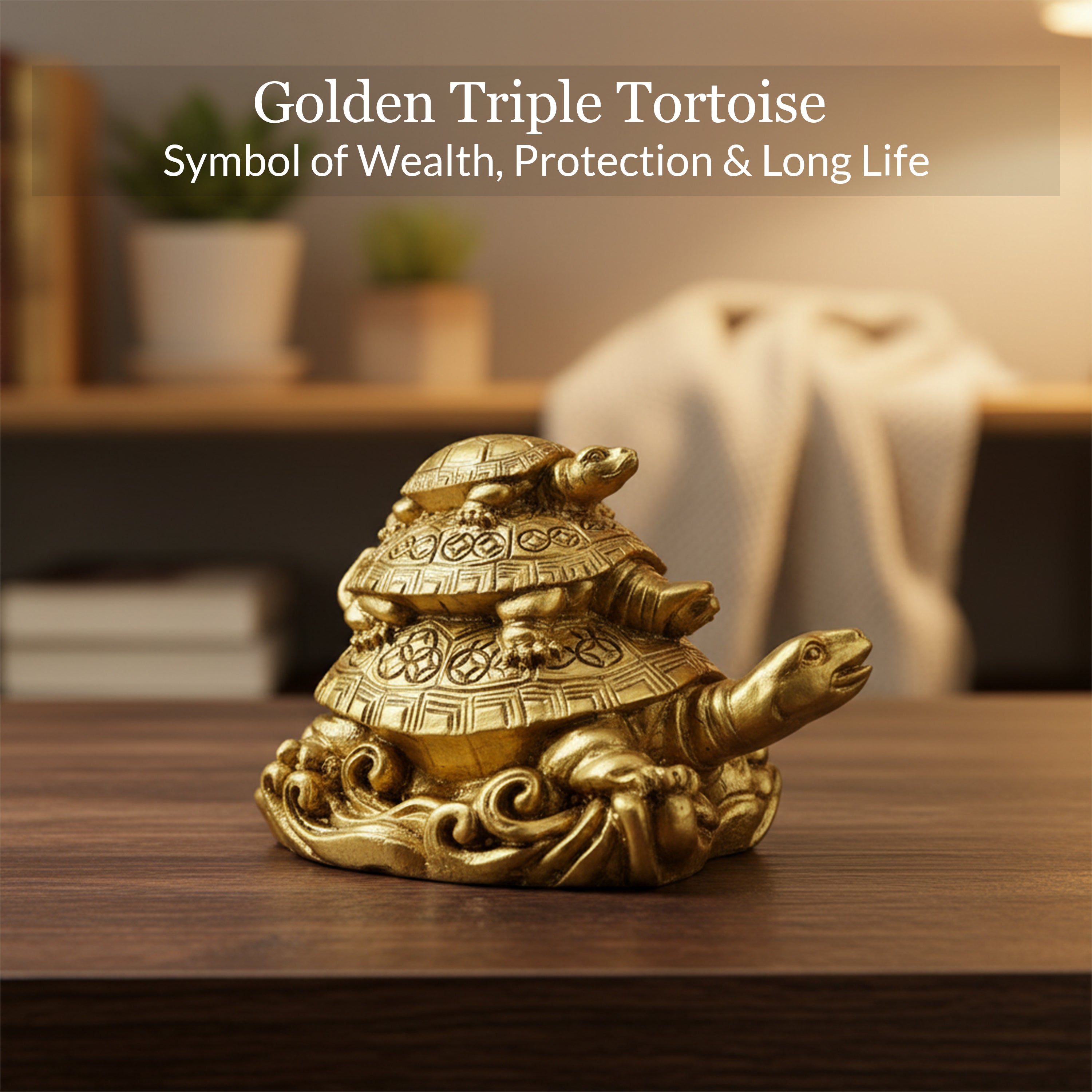 HindCraft Three Layer Golden Tortoise Family Showpiece for Home, Office Desk, Living Room & Table Décor