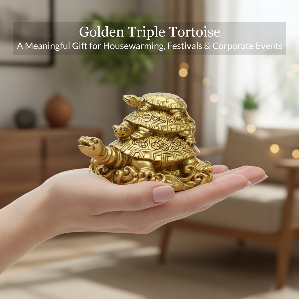 HindCraft Three Layer Golden Tortoise Family Showpiece for Home, Office Desk, Living Room & Table Décor