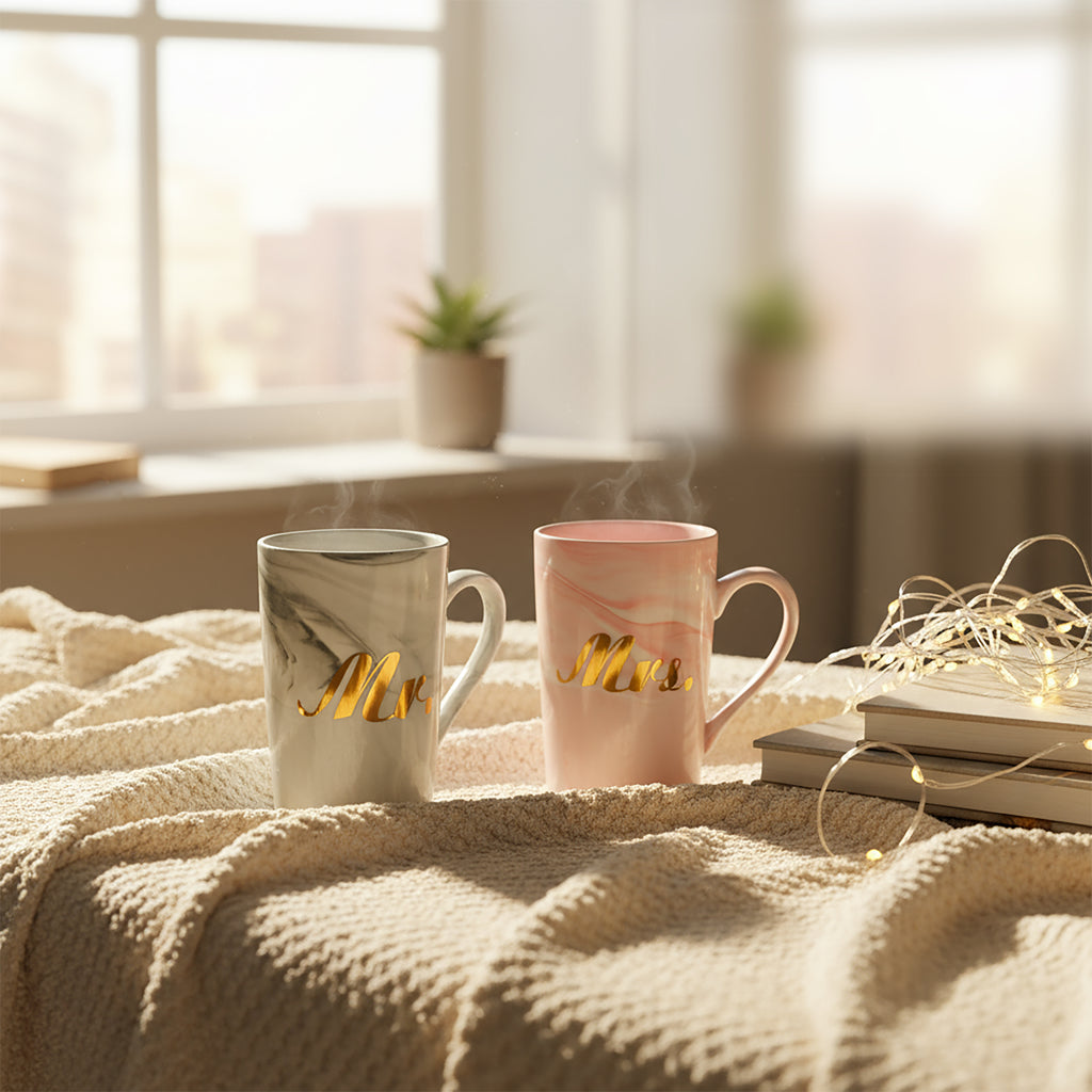 HindCraft Mr & Mrs Ceramic Mug Set with Lids 350 Ml Each