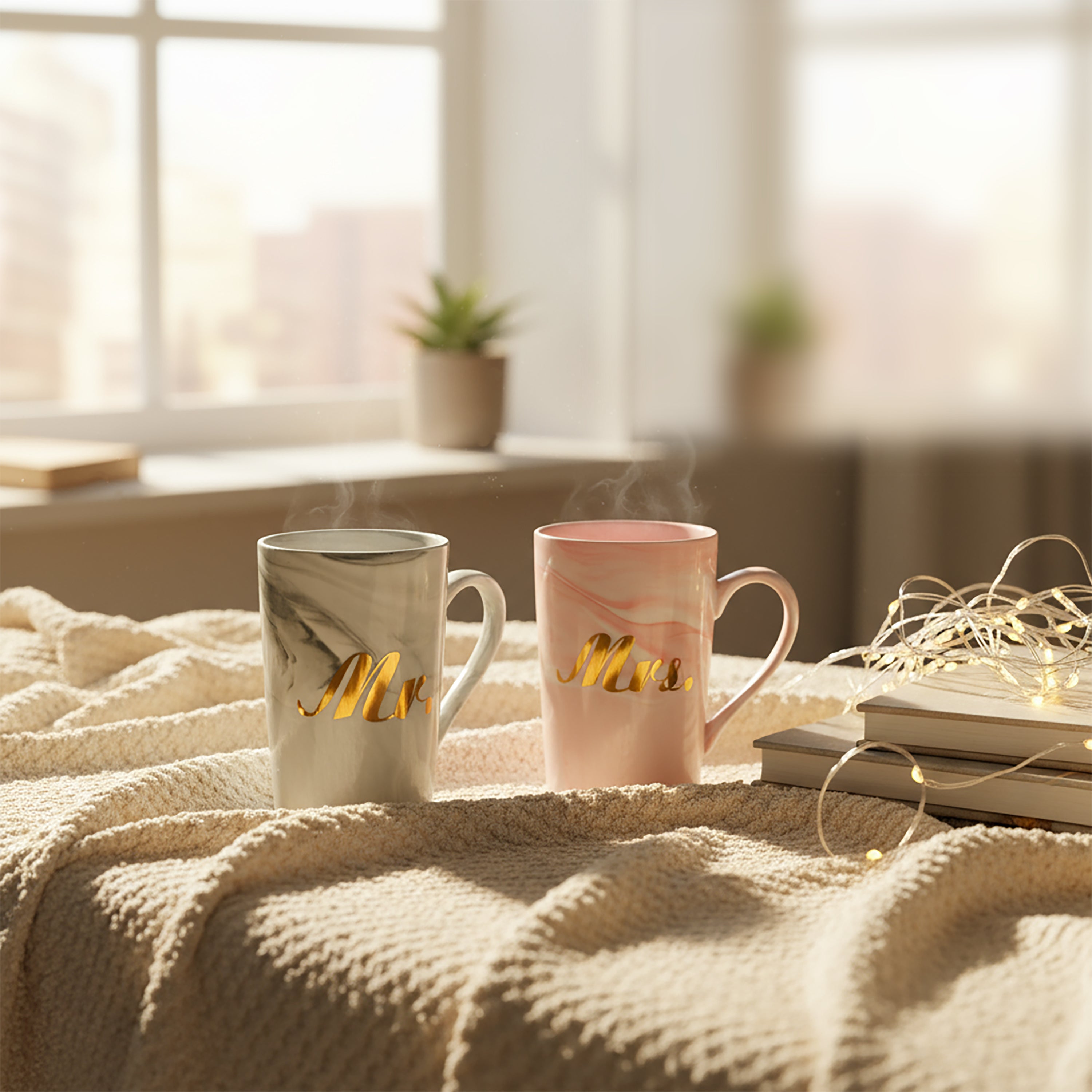 HindCraft Mr & Mrs Ceramic Mug Set with Lids 350 Ml Each