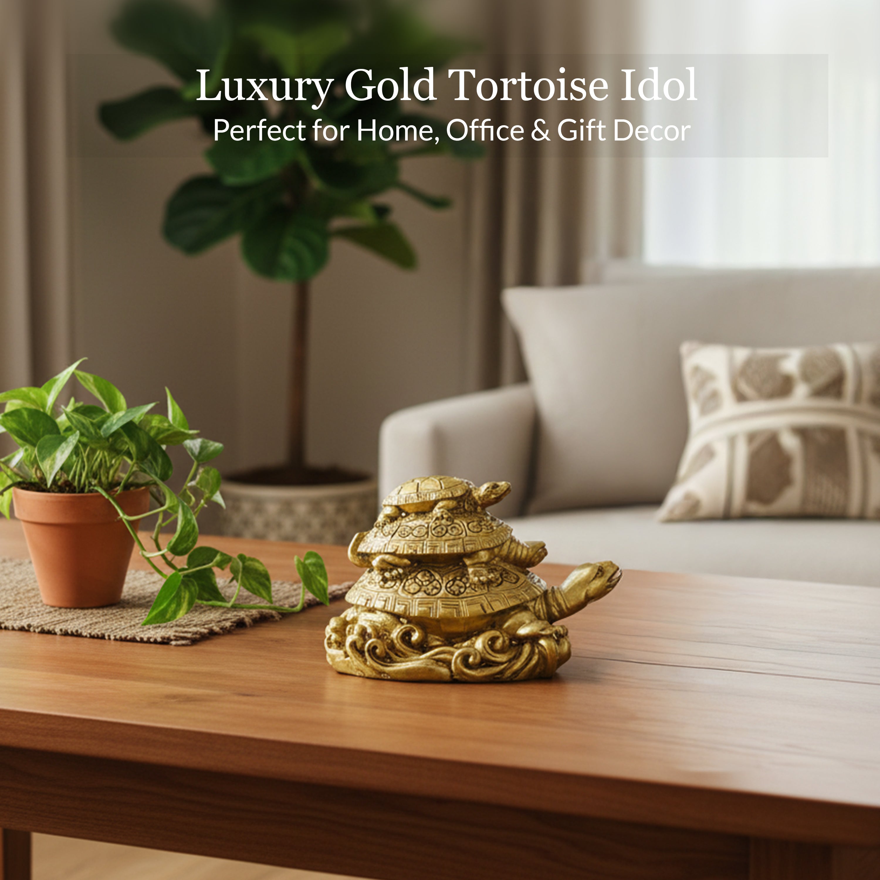 HindCraft Three Layer Golden Tortoise Family Showpiece for Home, Office Desk, Living Room & Table Décor