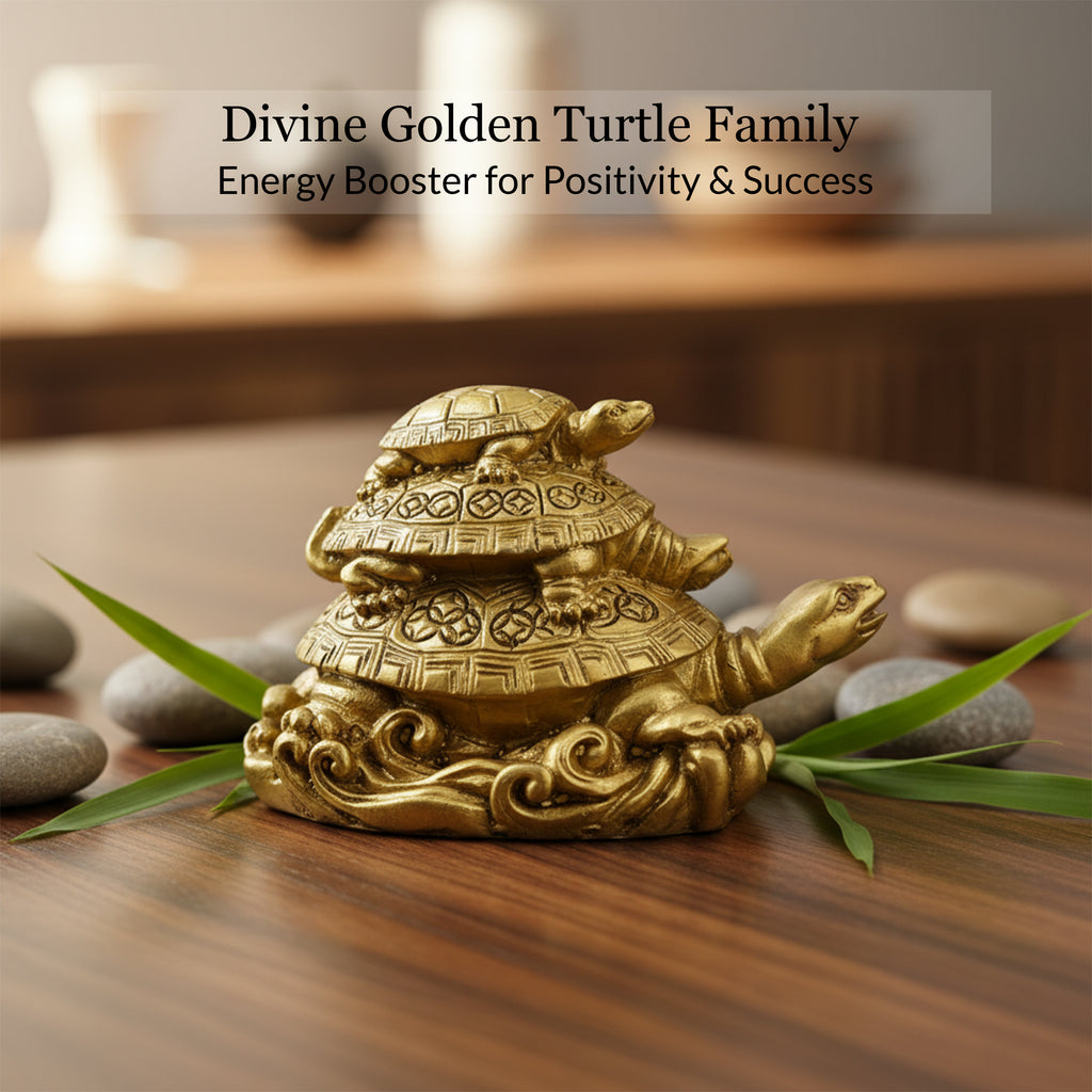 HindCraft Three Layer Golden Tortoise Family Showpiece for Home, Office Desk, Living Room & Table Décor