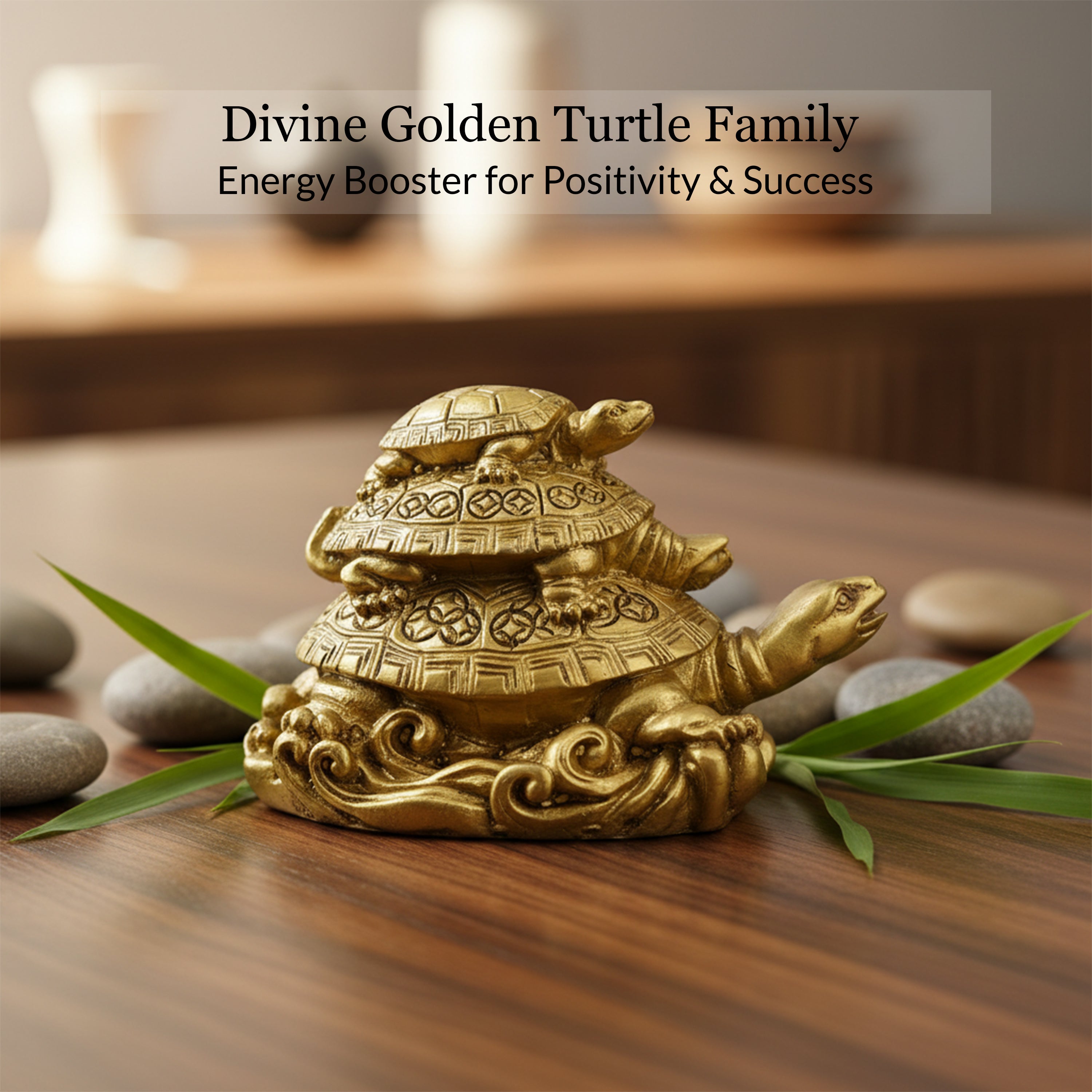 HindCraft Three Layer Golden Tortoise Family Showpiece for Home, Office Desk, Living Room & Table Décor