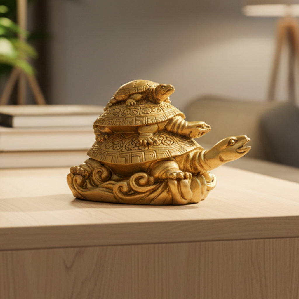 HindCraft Three Layer Golden Tortoise Family Showpiece for Home, Office Desk, Living Room & Table Décor