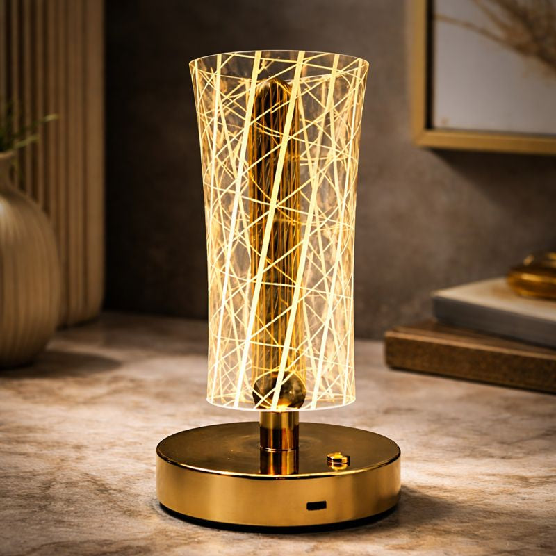 HindCraft Modern Golden LED Table Lamp with Geometric Acrylic Shade for Home Décor