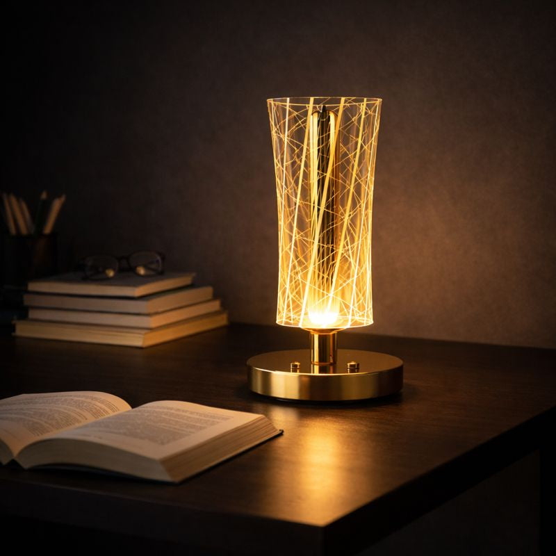 HindCraft Modern Golden LED Table Lamp with Geometric Acrylic Shade for Home Décor