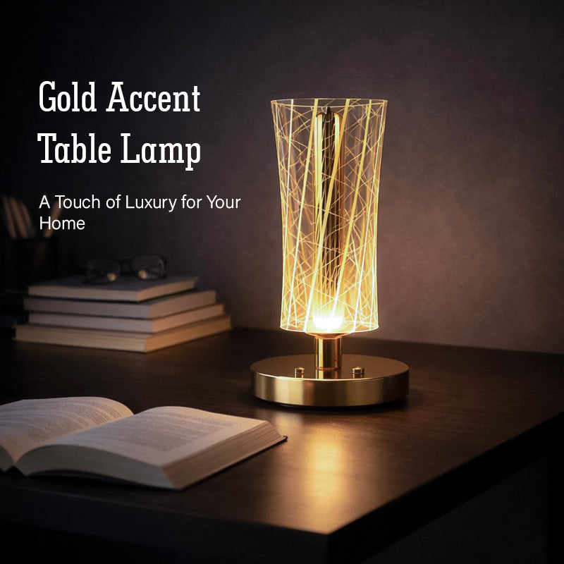 HindCraft Modern Golden LED Table Lamp with Geometric Acrylic Shade for Home Décor