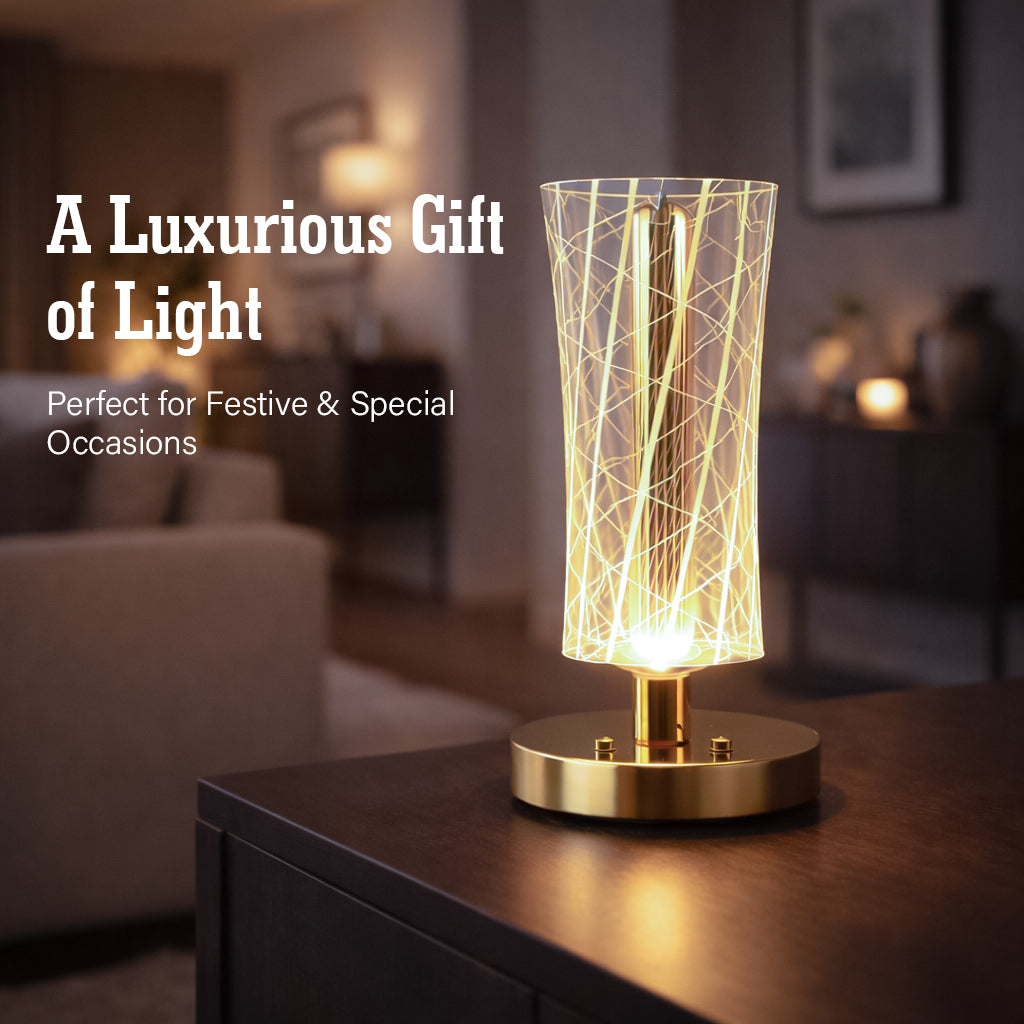 HindCraft Modern Golden LED Table Lamp with Geometric Acrylic Shade for Home Décor