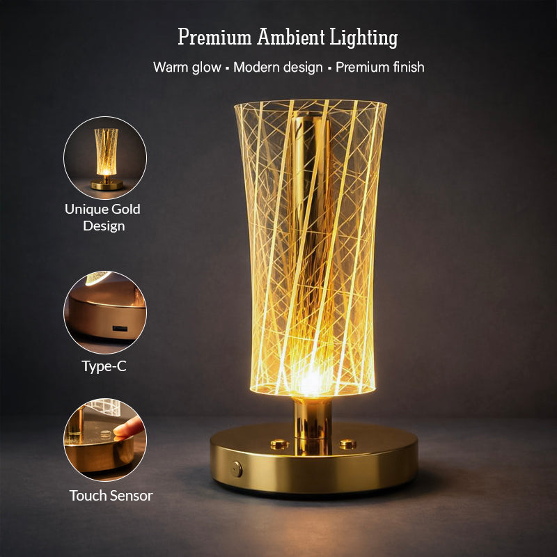 HindCraft Modern Golden LED Table Lamp with Geometric Acrylic Shade for Home Décor