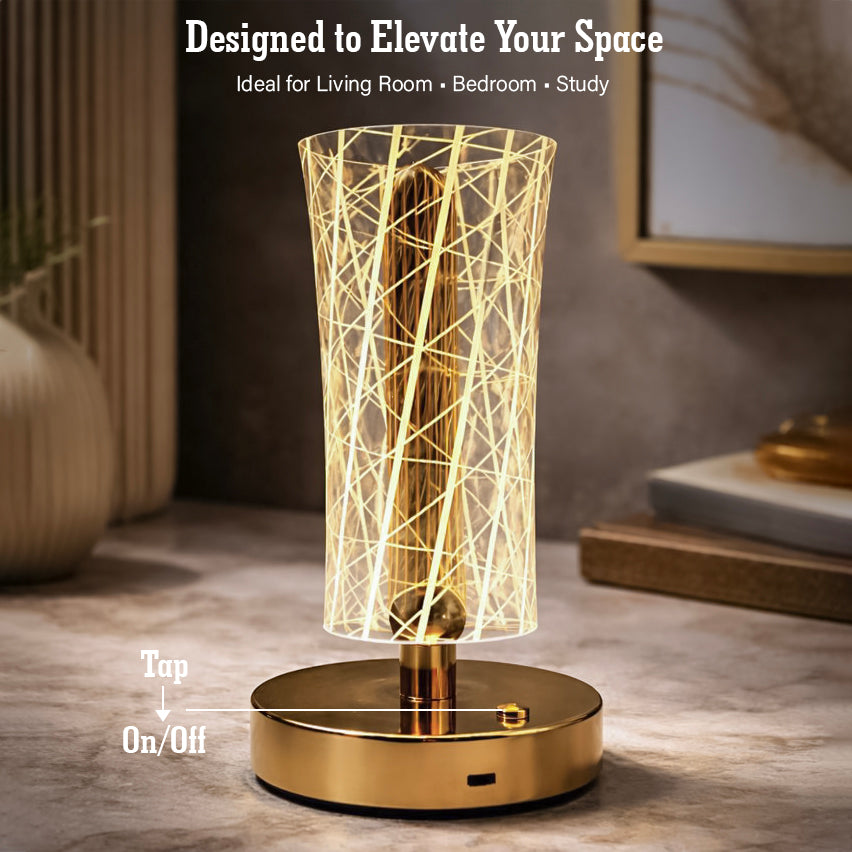 HindCraft Modern Golden LED Table Lamp with Geometric Acrylic Shade for Home Décor
