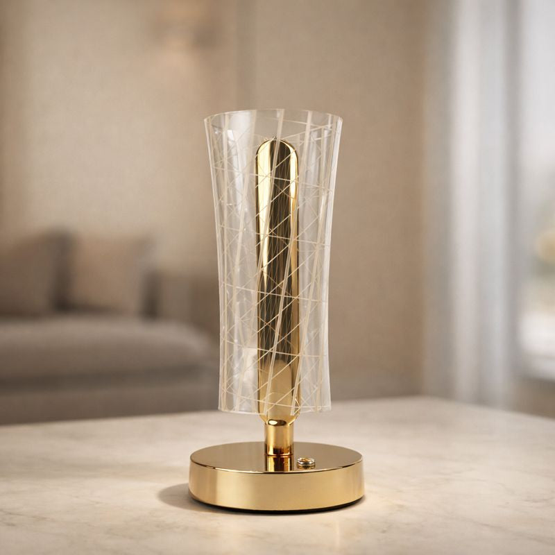 HindCraft Modern Golden LED Table Lamp with Geometric Acrylic Shade for Home Décor