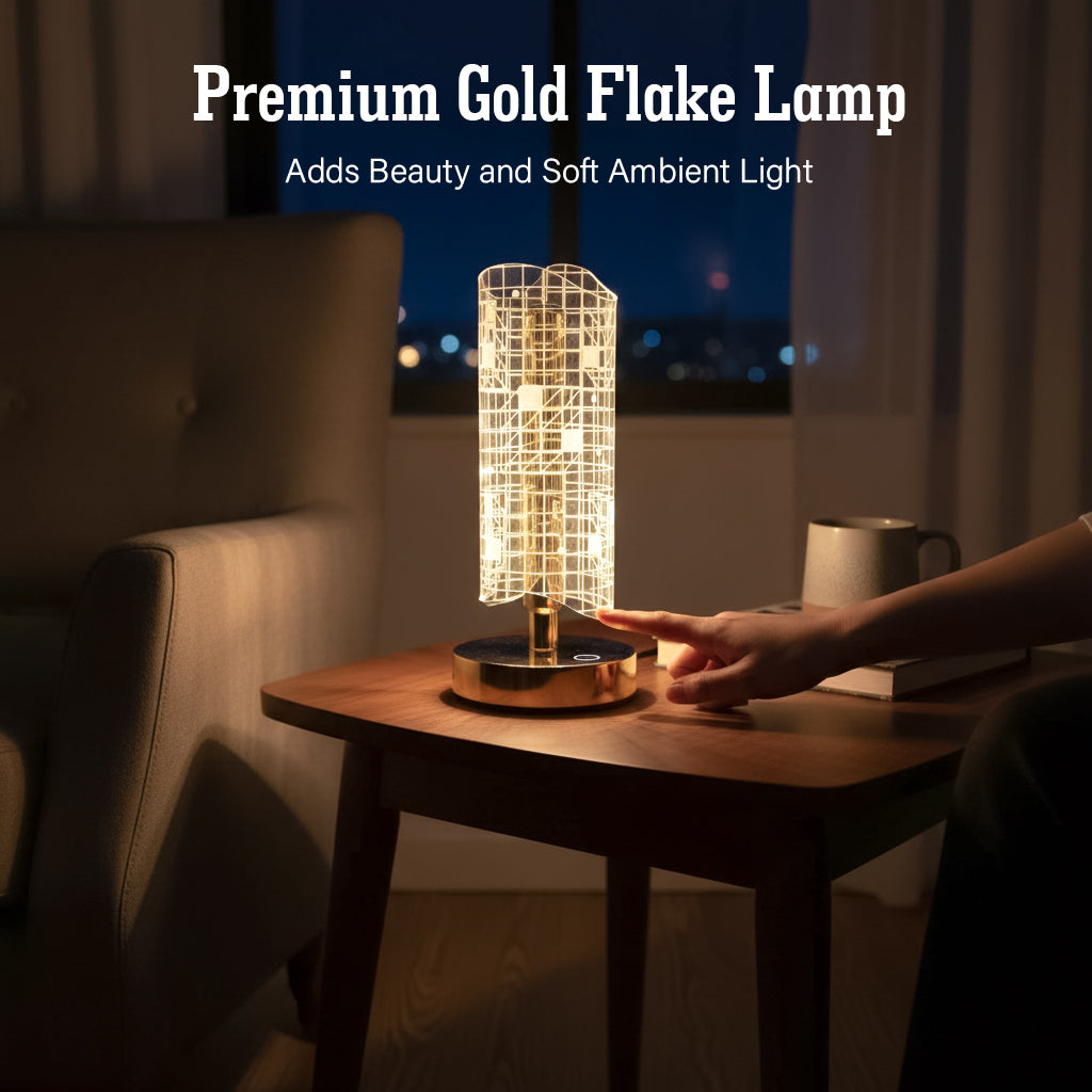 HindCraft Golden LED Table Lamp with Grid Acrylic Shade for Home Décor
