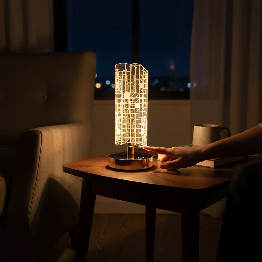 HindCraft Golden LED Table Lamp with Grid Acrylic Shade for Home Décor