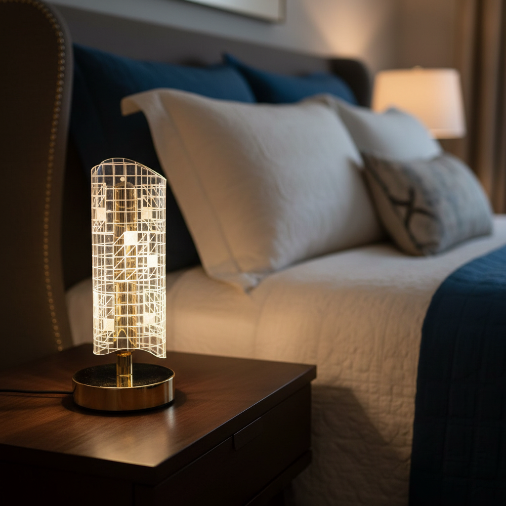 HindCraft Golden LED Table Lamp with Grid Acrylic Shade for Home Décor