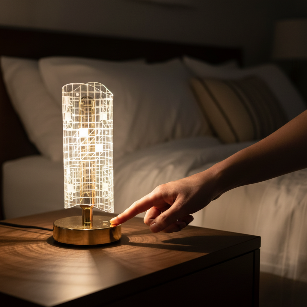 HindCraft Golden LED Table Lamp with Grid Acrylic Shade for Home Décor