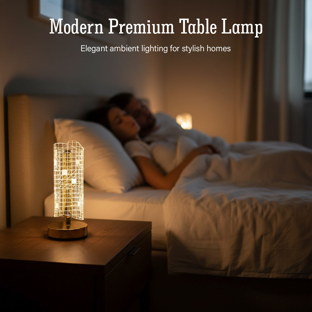 HindCraft Golden LED Table Lamp with Grid Acrylic Shade for Home Décor