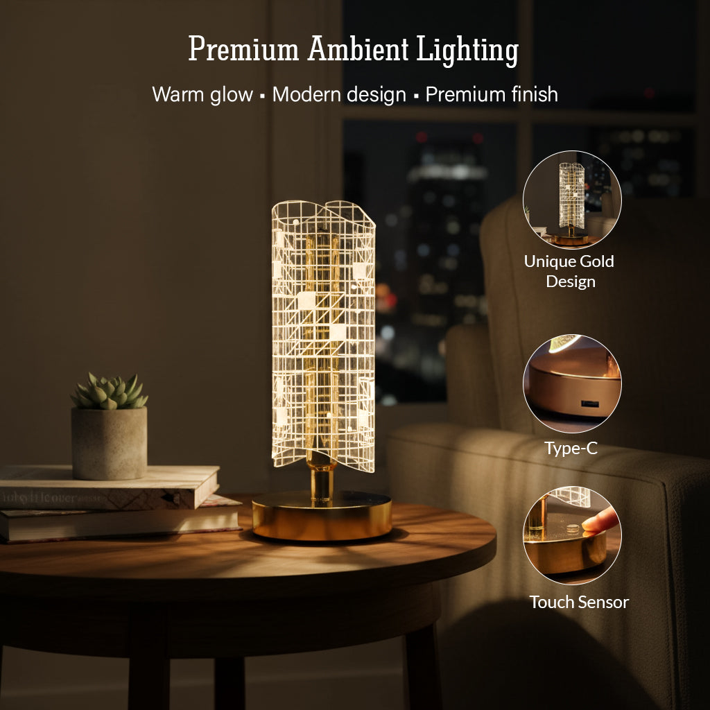 HindCraft Golden LED Table Lamp with Grid Acrylic Shade for Home Décor