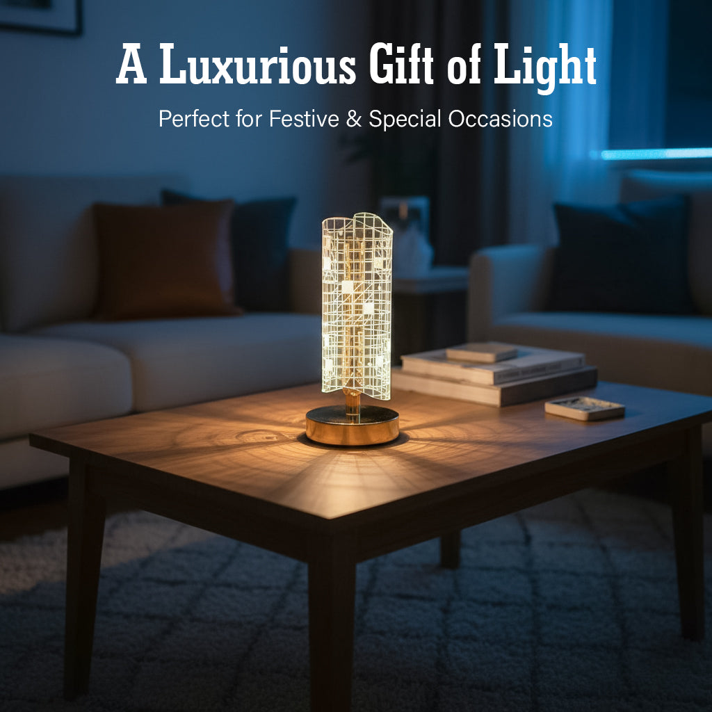 HindCraft Golden LED Table Lamp with Grid Acrylic Shade for Home Décor