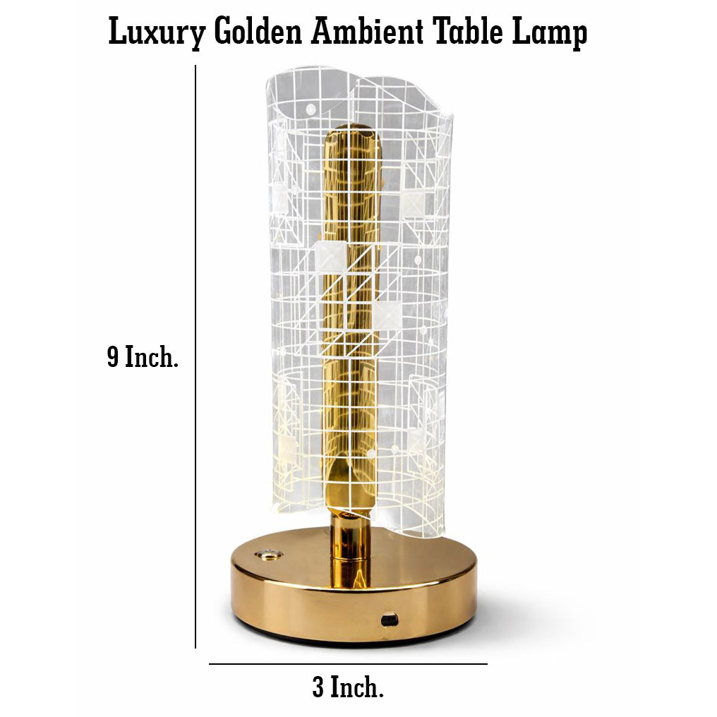 HindCraft Golden LED Table Lamp with Grid Acrylic Shade for Home Décor