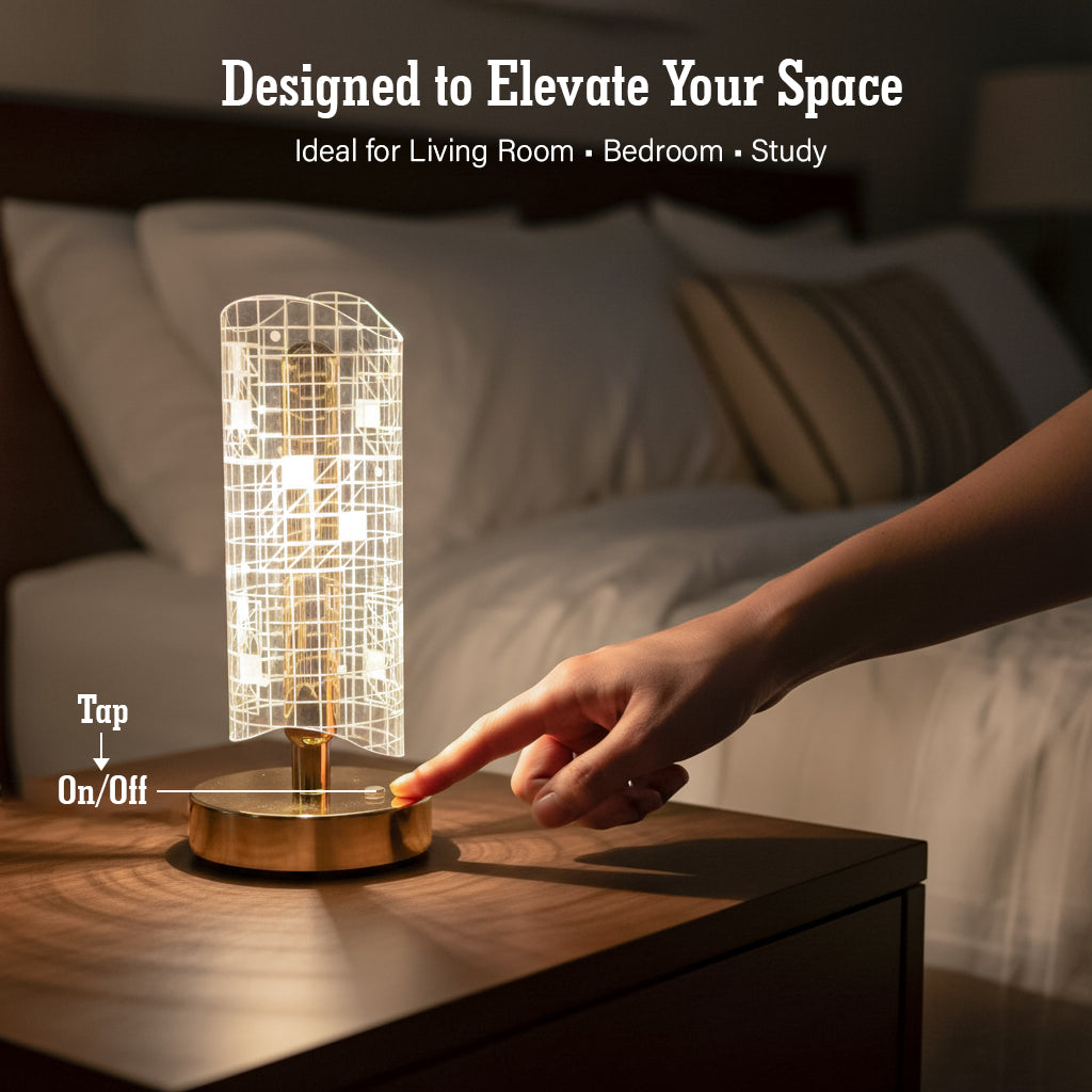 HindCraft Golden LED Table Lamp with Grid Acrylic Shade for Home Décor