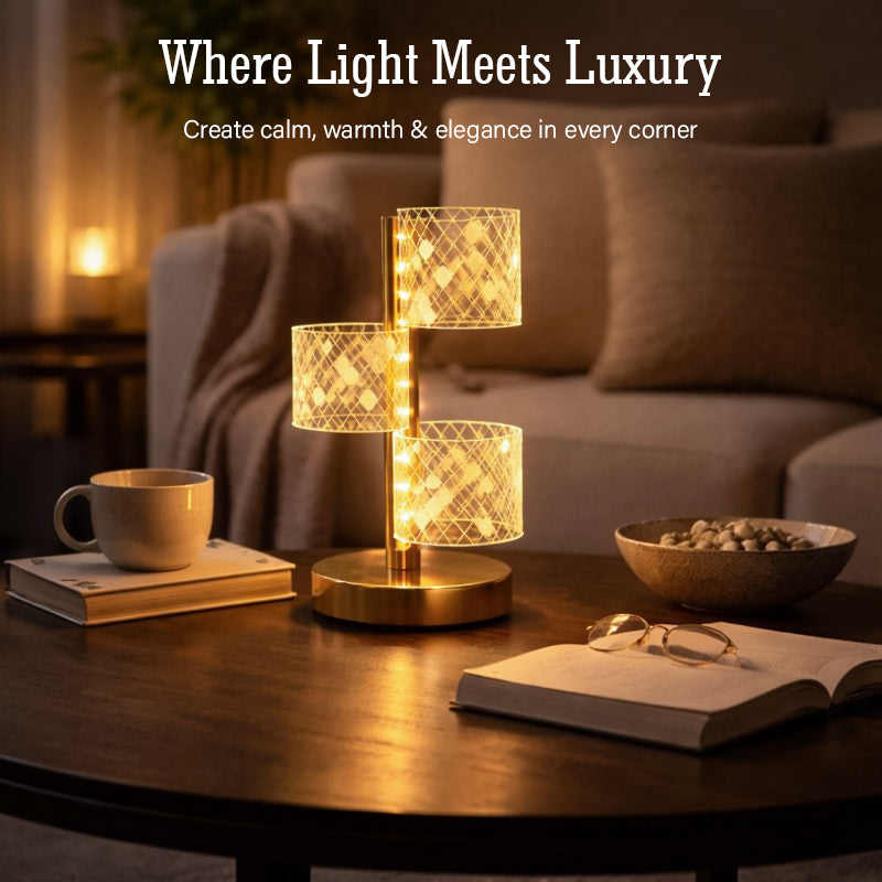 HindCraft 3-Tier Golden LED Table Lamp with Geometric Acrylic Shades for Home Décor