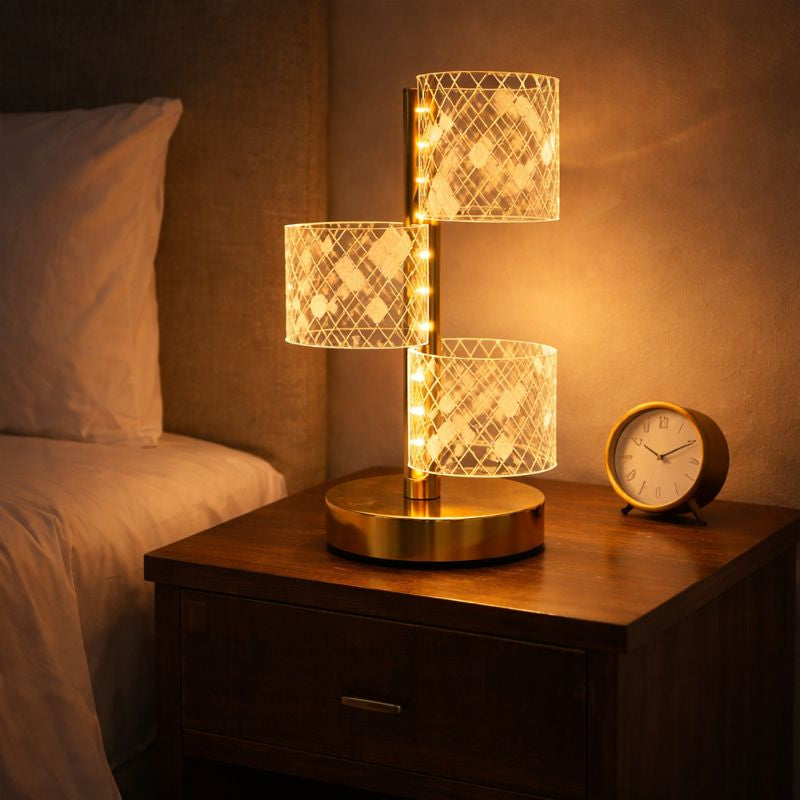 HindCraft 3-Tier Golden LED Table Lamp with Geometric Acrylic Shades for Home Décor