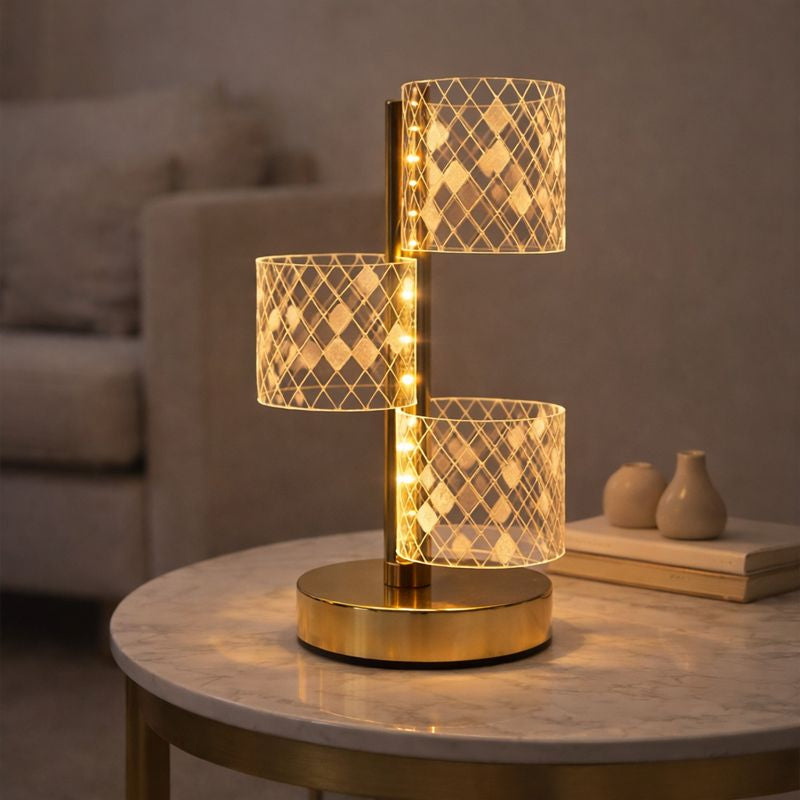 HindCraft 3-Tier Golden LED Table Lamp with Geometric Acrylic Shades for Home Décor