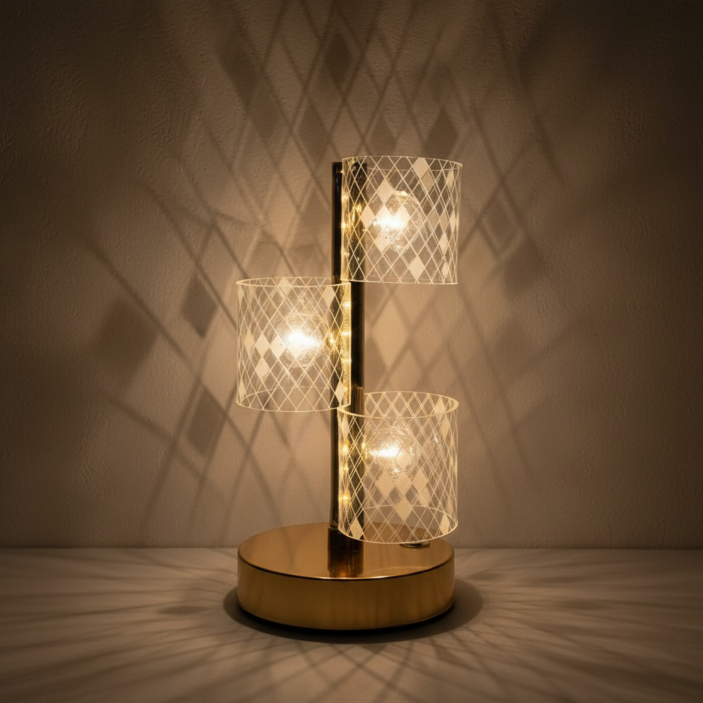 HindCraft 3-Tier Golden LED Table Lamp with Geometric Acrylic Shades for Home Décor