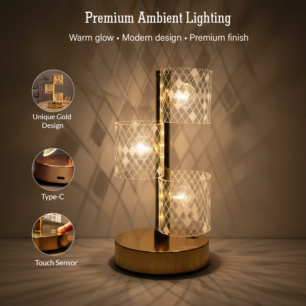HindCraft 3-Tier Golden LED Table Lamp with Geometric Acrylic Shades for Home Décor