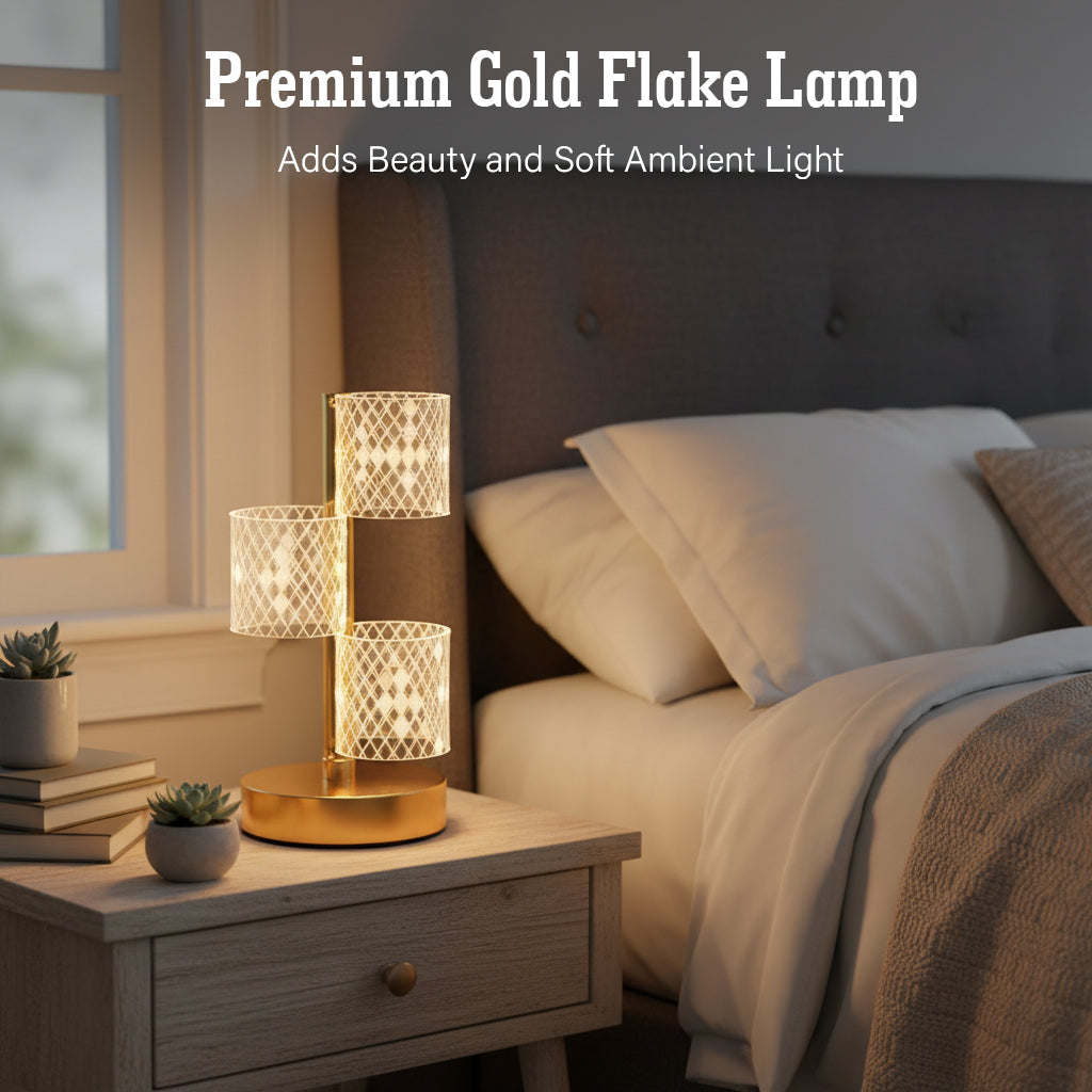 HindCraft 3-Tier Golden LED Table Lamp with Geometric Acrylic Shades for Home Décor