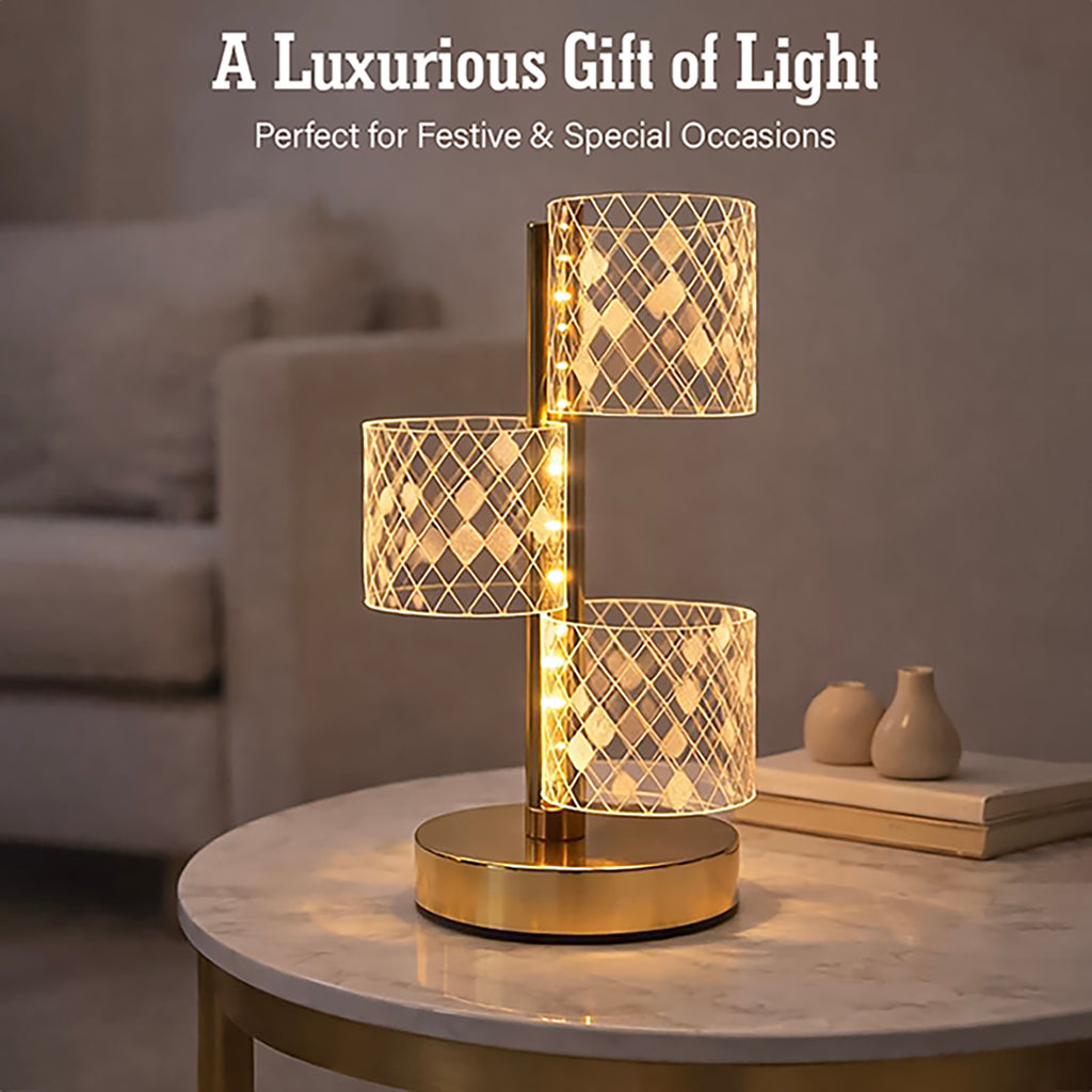 HindCraft 3-Tier Golden LED Table Lamp with Geometric Acrylic Shades for Home Décor
