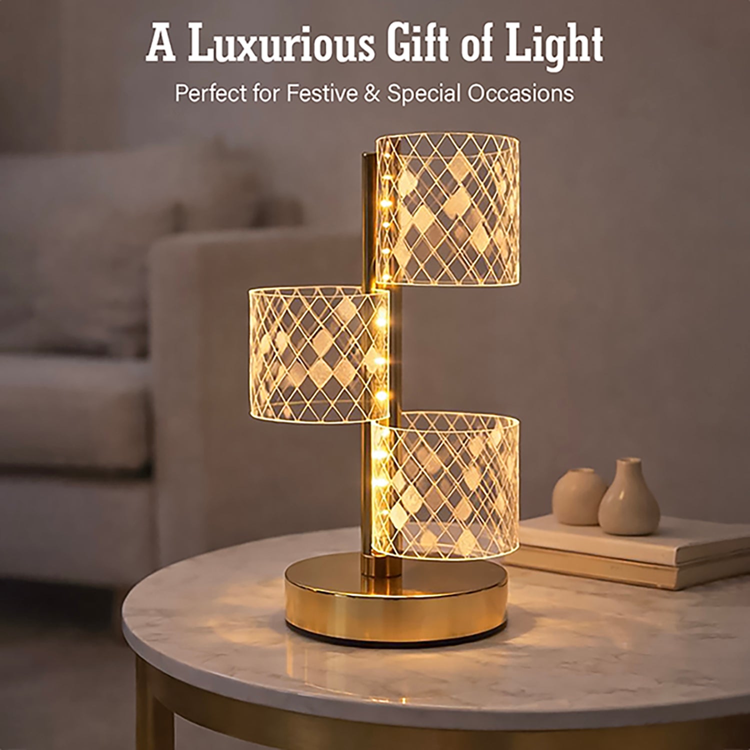 HindCraft 3-Tier Golden LED Table Lamp with Geometric Acrylic Shades for Home Décor