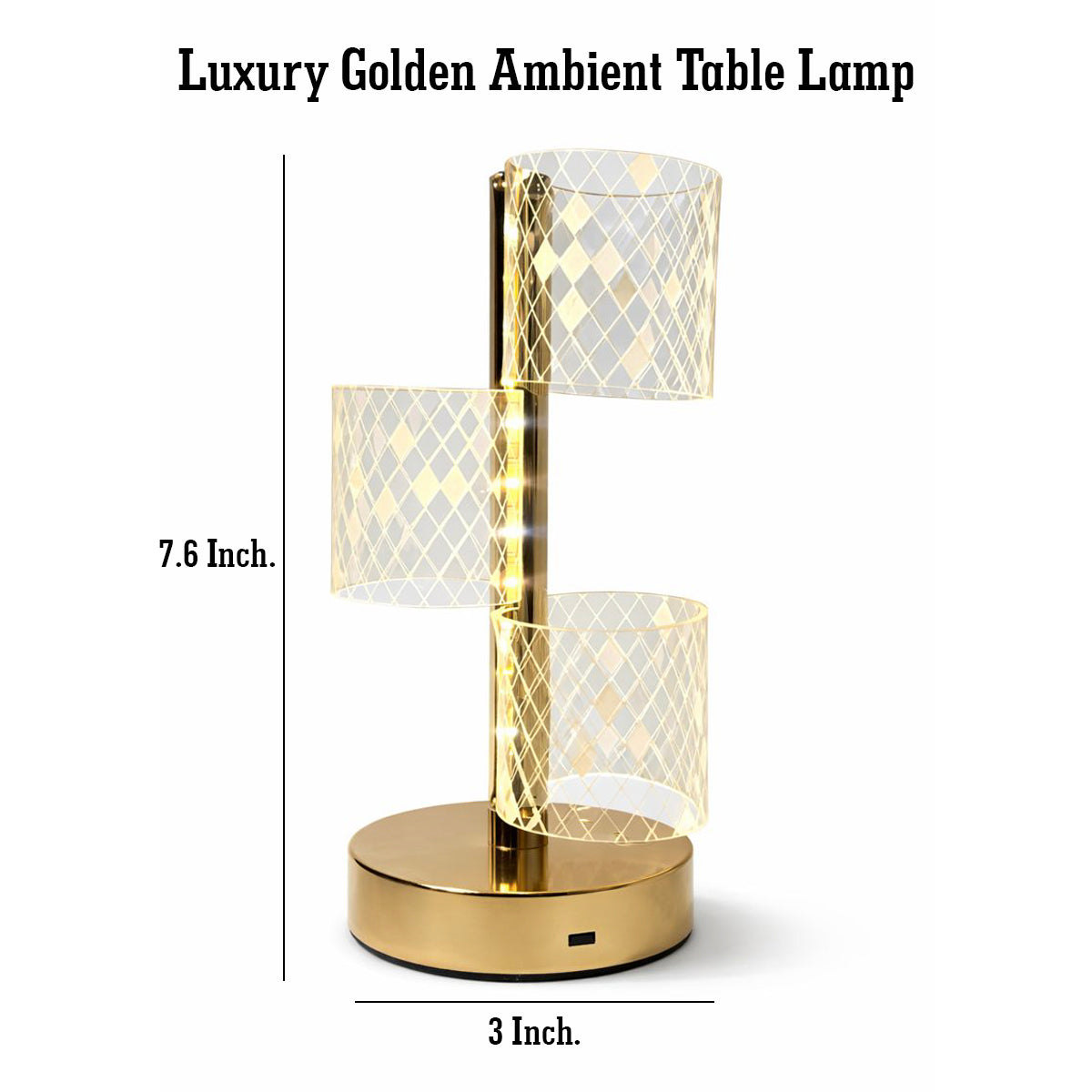 HindCraft 3-Tier Golden LED Table Lamp with Geometric Acrylic Shades for Home Décor