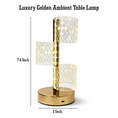 HindCraft 3-Tier Golden LED Table Lamp with Geometric Acrylic Shades for Home Décor