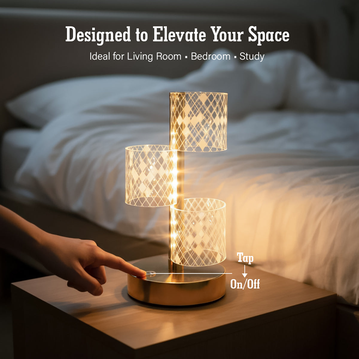 HindCraft 3-Tier Golden LED Table Lamp with Geometric Acrylic Shades for Home Décor