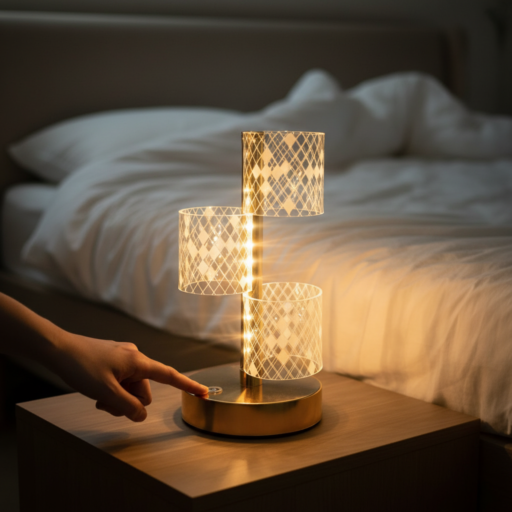 HindCraft 3-Tier Golden LED Table Lamp with Geometric Acrylic Shades for Home Décor