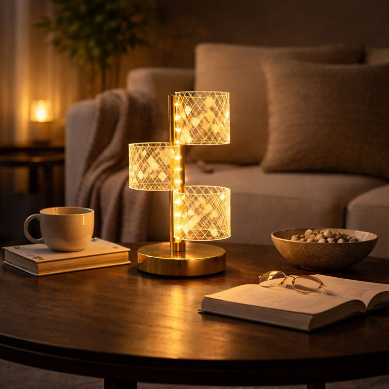 HindCraft 3-Tier Golden LED Table Lamp with Geometric Acrylic Shades for Home Décor