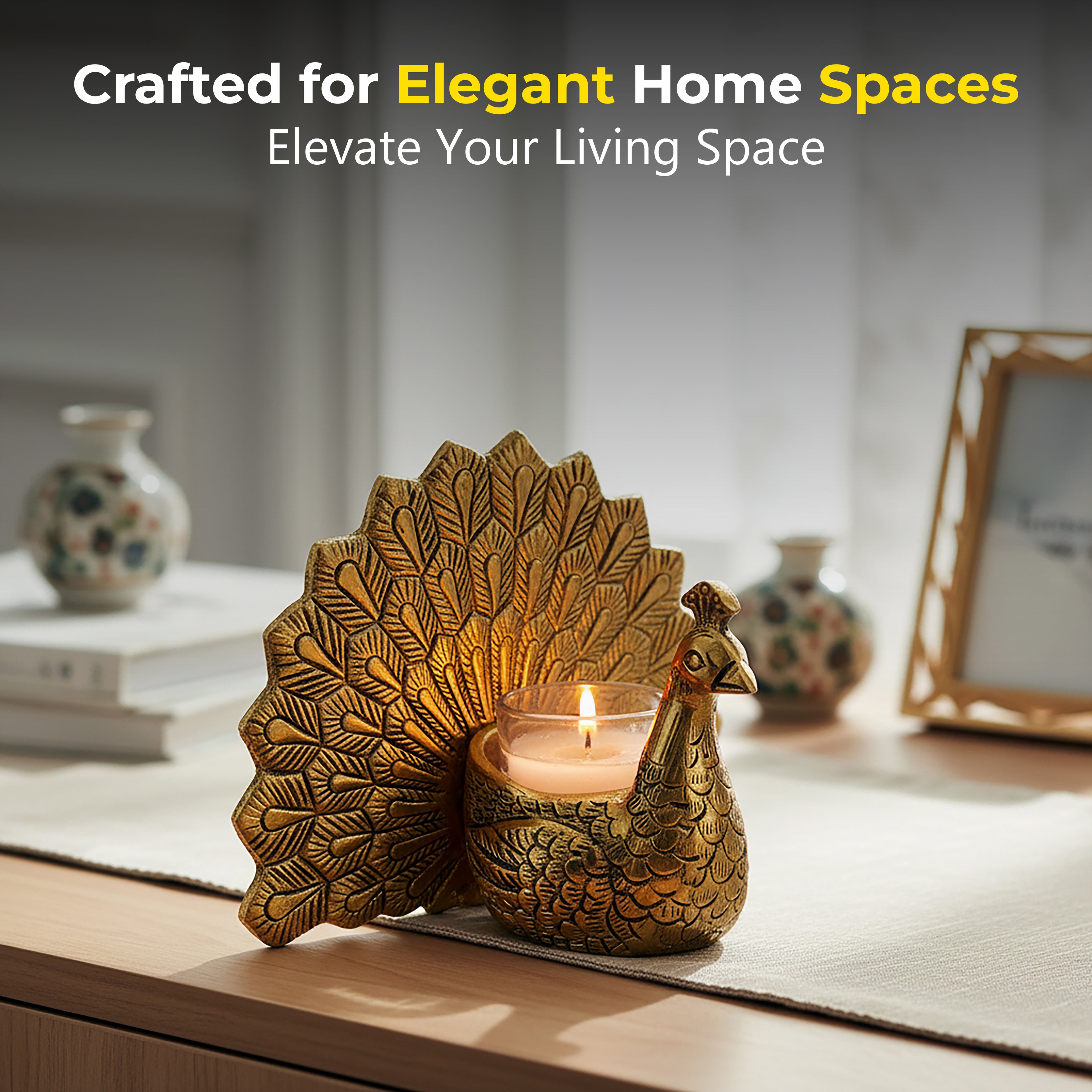 HindCraft Golden Peacock Tealight Candle Holder for Home & Festive Décor