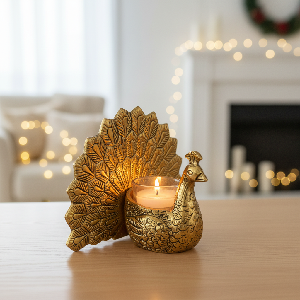 HindCraft Golden Peacock Tealight Candle Holder for Home & Festive Décor
