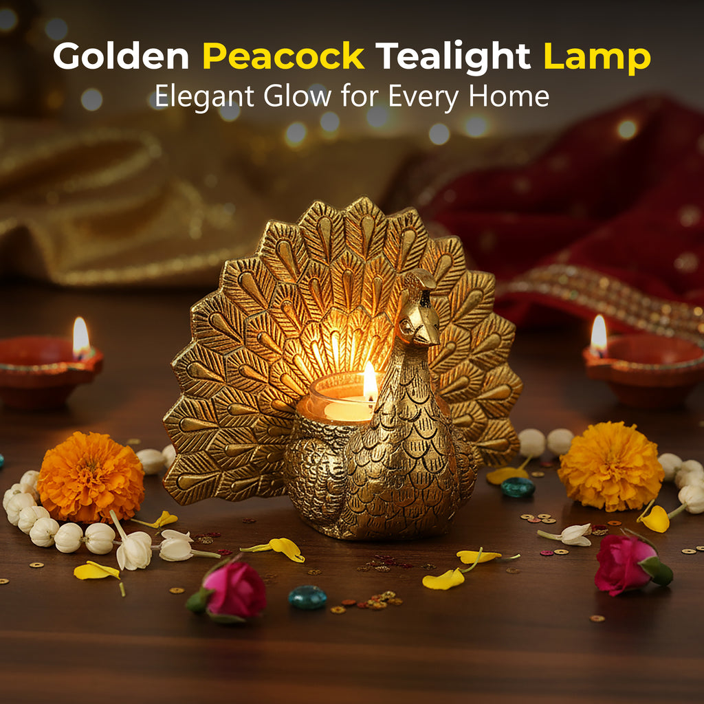 HindCraft Golden Peacock Tealight Candle Holder for Home & Festive Décor