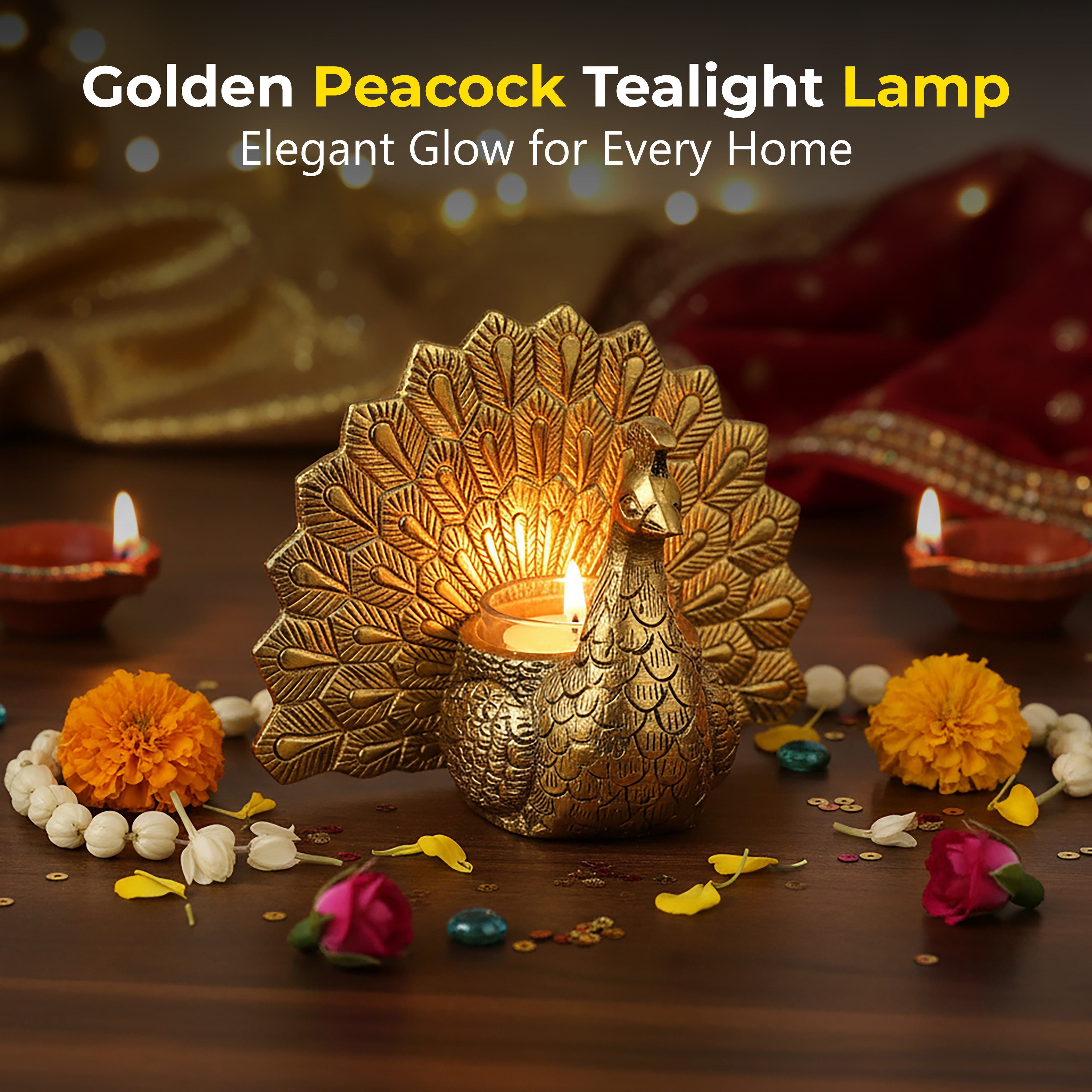 HindCraft Golden Peacock Tealight Candle Holder for Home & Festive Décor