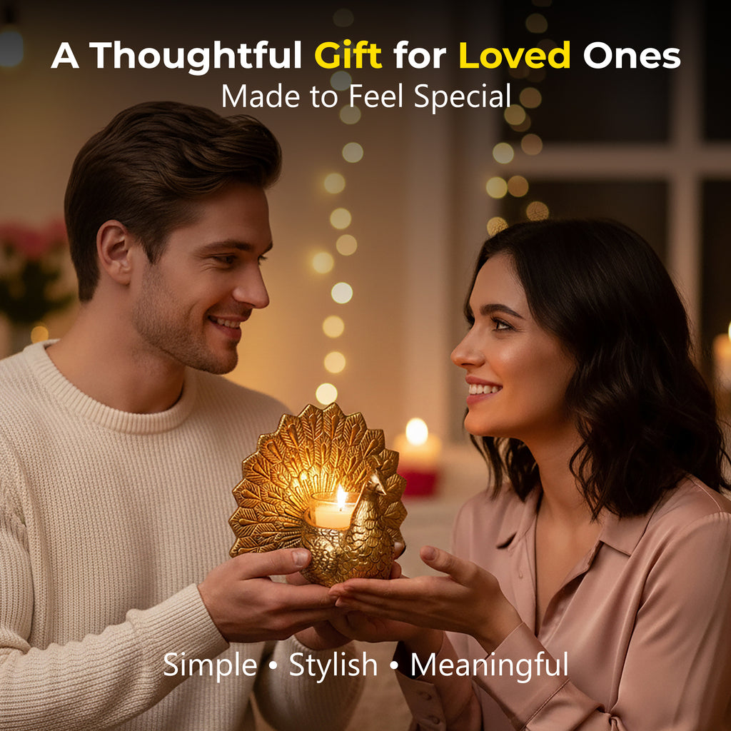 HindCraft Golden Peacock Tealight Candle Holder for Home & Festive Décor